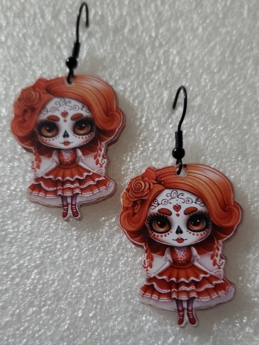 Hand Crafted Orange Day of the Dead Doll Earrings